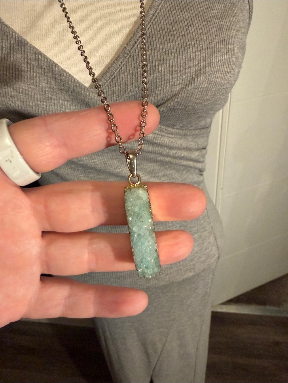 Source Unknown Aqua Druzy Bar Pendant Necklace with Mixed Metal Chain